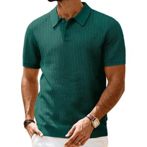 imagePJ PAUL JONES Mens Knit Polo Shirt Casual Short Sleeve Hollow Out Polo Shirts Regular Fit Textured Knitted ShirtGreen