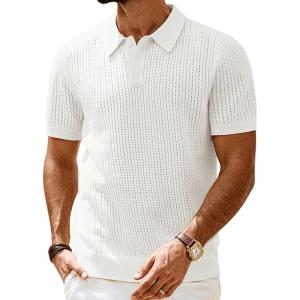 imagePJ PAUL JONES Mens Knit Polo Shirt Casual Short Sleeve Hollow Out Polo Shirts Regular Fit Textured Knitted ShirtWhite