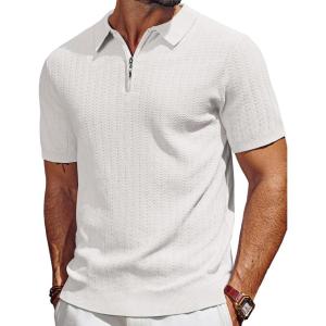 imagePJ PAUL JONES Mens Polo Shirts Quarter Zip Textured Knit Shirts Summer ShirtBeige