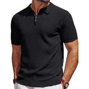 imagePJ PAUL JONES Mens Polo Shirts Quarter Zip Textured Knit Shirts Summer ShirtBlack