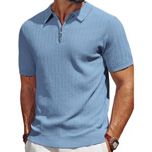 imagePJ PAUL JONES Mens Polo Shirts Quarter Zip Textured Knit Shirts Summer ShirtBlue Grey