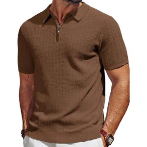 imagePJ PAUL JONES Mens Polo Shirts Quarter Zip Textured Knit Shirts Summer ShirtCoffee