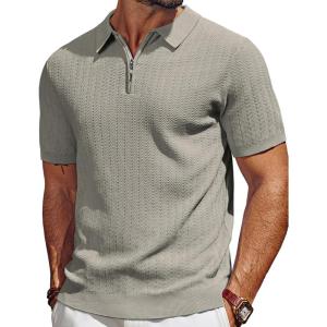 imagePJ PAUL JONES Mens Polo Shirts Quarter Zip Textured Knit Shirts Summer ShirtKhaki