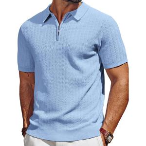 imagePJ PAUL JONES Mens Polo Shirts Quarter Zip Textured Knit Shirts Summer ShirtLight Blue