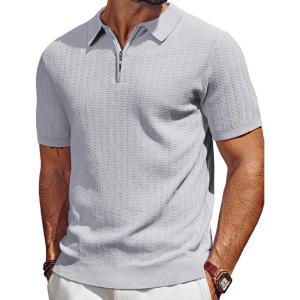 imagePJ PAUL JONES Mens Polo Shirts Quarter Zip Textured Knit Shirts Summer ShirtLight Grey