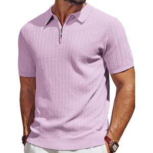 imagePJ PAUL JONES Mens Polo Shirts Quarter Zip Textured Knit Shirts Summer ShirtPink