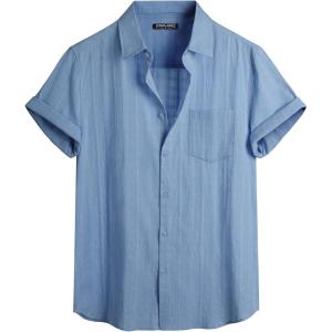 imagePJ PAUL JONES Mens Short Sleeve Button Down Shirts Cotton Plaid Shirt Fashion Casual Summer Beach ShirtsBlue Grey