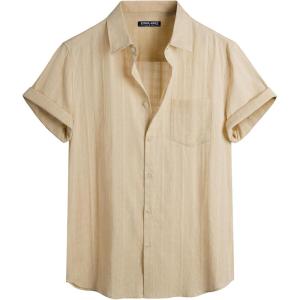 imagePJ PAUL JONES Mens Short Sleeve Button Down Shirts Cotton Plaid Shirt Fashion Casual Summer Beach ShirtsCream