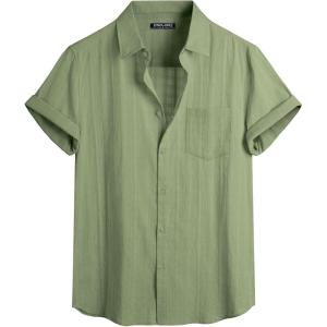 imagePJ PAUL JONES Mens Short Sleeve Button Down Shirts Cotton Plaid Shirt Fashion Casual Summer Beach ShirtsGrass Green