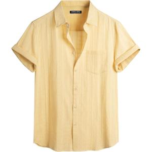 imagePJ PAUL JONES Mens Short Sleeve Button Down Shirts Cotton Plaid Shirt Fashion Casual Summer Beach ShirtsLight Yellow