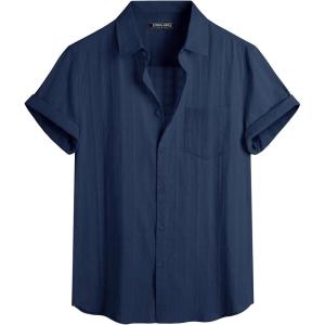 imagePJ PAUL JONES Mens Short Sleeve Button Down Shirts Cotton Plaid Shirt Fashion Casual Summer Beach ShirtsNavy Blue