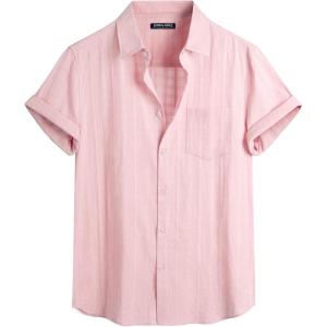 imagePJ PAUL JONES Mens Short Sleeve Button Down Shirts Cotton Plaid Shirt Fashion Casual Summer Beach ShirtsPink