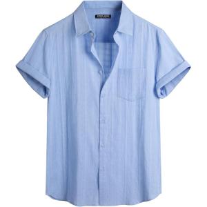imagePJ PAUL JONES Mens Short Sleeve Button Down Shirts Cotton Plaid Shirt Fashion Casual Summer Beach ShirtsSky Blue