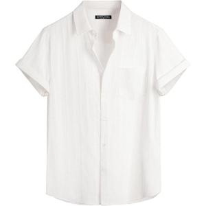 imagePJ PAUL JONES Mens Short Sleeve Button Down Shirts Cotton Plaid Shirt Fashion Casual Summer Beach ShirtsWhite
