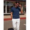 imagePJ PAUL JONES Mens Knit Polo Shirt Short Sleeve Textured Polo Shirts Casual Summer Collared Polo T ShirtNavy Blue