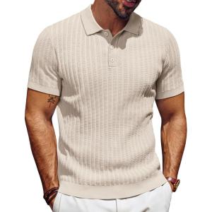 imagePJ PAUL JONES Mens Knit Polo Shirt Short Sleeve Textured Polo Shirts Casual Summer Collared Polo T ShirtApricot