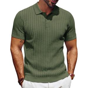 imagePJ PAUL JONES Mens Knit Polo Shirt Short Sleeve Textured Polo Shirts Casual Summer Collared Polo T ShirtArmy Green