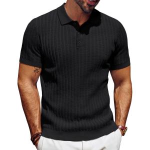 imagePJ PAUL JONES Mens Knit Polo Shirt Short Sleeve Textured Polo Shirts Casual Summer Collared Polo T ShirtBlack