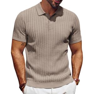 imagePJ PAUL JONES Mens Knit Polo Shirt Short Sleeve Textured Polo Shirts Casual Summer Collared Polo T ShirtCamel