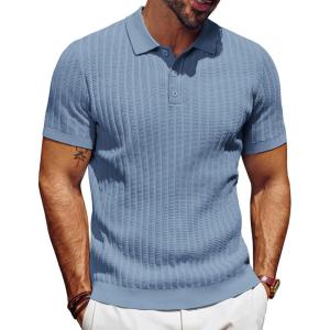 imagePJ PAUL JONES Mens Knit Polo Shirt Short Sleeve Textured Polo Shirts Casual Summer Collared Polo T ShirtGray Blue