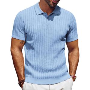 imagePJ PAUL JONES Mens Knit Polo Shirt Short Sleeve Textured Polo Shirts Casual Summer Collared Polo T ShirtLight Blue