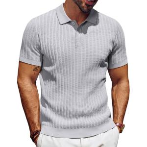 imagePJ PAUL JONES Mens Knit Polo Shirt Short Sleeve Textured Polo Shirts Casual Summer Collared Polo T ShirtLight Gray