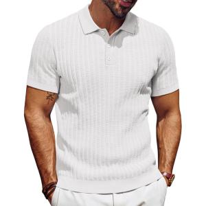 imagePJ PAUL JONES Mens Knit Polo Shirt Short Sleeve Textured Polo Shirts Casual Summer Collared Polo T ShirtWhite
