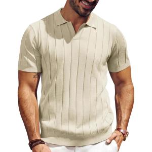 imagePJ PAUL JONES Mens Polo Shirt V Neck Texture Shirt Short Sleeve Casual Knit PolosApricot