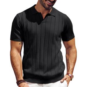 imagePJ PAUL JONES Mens Polo Shirt V Neck Texture Shirt Short Sleeve Casual Knit PolosBlack