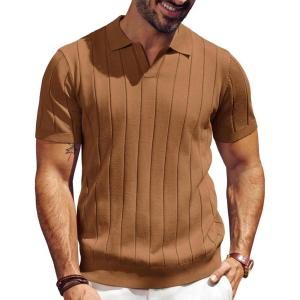 imagePJ PAUL JONES Mens Polo Shirt V Neck Texture Shirt Short Sleeve Casual Knit PolosBrown