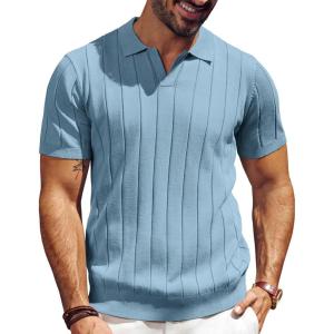 imagePJ PAUL JONES Mens Polo Shirt V Neck Texture Shirt Short Sleeve Casual Knit PolosGray Blue