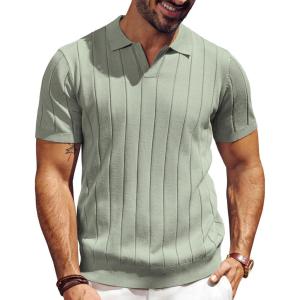 imagePJ PAUL JONES Mens Polo Shirt V Neck Texture Shirt Short Sleeve Casual Knit PolosGray Green