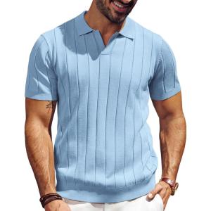 imagePJ PAUL JONES Mens Polo Shirt V Neck Texture Shirt Short Sleeve Casual Knit PolosLight Blue
