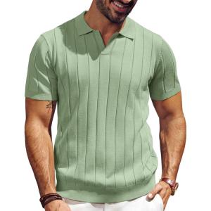 imagePJ PAUL JONES Mens Polo Shirt V Neck Texture Shirt Short Sleeve Casual Knit PolosLight Green