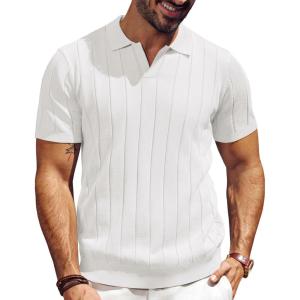 imagePJ PAUL JONES Mens Polo Shirt V Neck Texture Shirt Short Sleeve Casual Knit PolosWhite