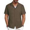 imagePJ PAUL JONES Mens Button Down Shirts Casual Short Sleeve Shirts Summer Cuban Textured ShirtsBrown