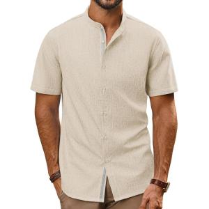imagePJ PAUL JONES Mens Button Down Shirt Lightweight Shirts Short Sleeve Band Collar Untucked ShirtApricot