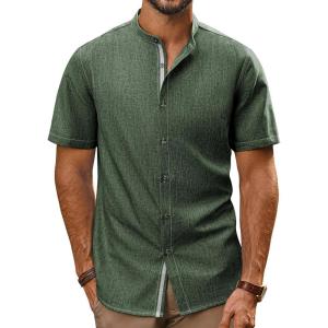 imagePJ PAUL JONES Mens Button Down Shirt Lightweight Shirts Short Sleeve Band Collar Untucked ShirtArmy Green