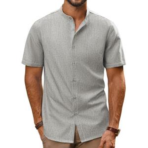 imagePJ PAUL JONES Mens Button Down Shirt Lightweight Shirts Short Sleeve Band Collar Untucked ShirtBeige Gray