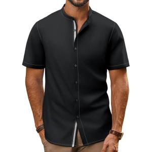 imagePJ PAUL JONES Mens Button Down Shirt Lightweight Shirts Short Sleeve Band Collar Untucked ShirtBlack