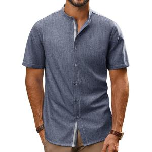 imagePJ PAUL JONES Mens Button Down Shirt Lightweight Shirts Short Sleeve Band Collar Untucked ShirtBlue Gray