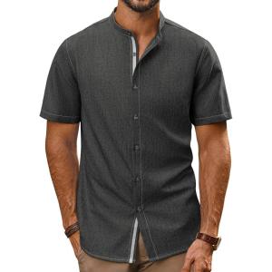 imagePJ PAUL JONES Mens Button Down Shirt Lightweight Shirts Short Sleeve Band Collar Untucked ShirtCarbon Grey