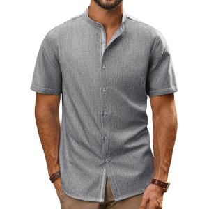 imagePJ PAUL JONES Mens Button Down Shirt Lightweight Shirts Short Sleeve Band Collar Untucked ShirtLight Grey