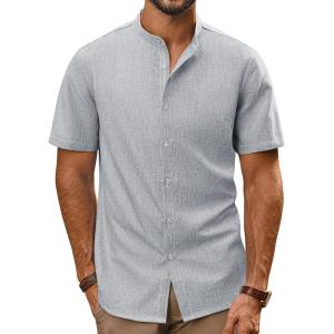 imagePJ PAUL JONES Mens Button Down Shirt Lightweight Shirts Short Sleeve Band Collar Untucked ShirtSilver Gray
