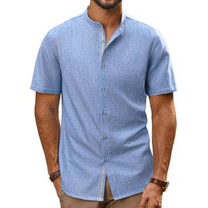 imagePJ PAUL JONES Mens Button Down Shirt Lightweight Shirts Short Sleeve Band Collar Untucked ShirtSky Blue