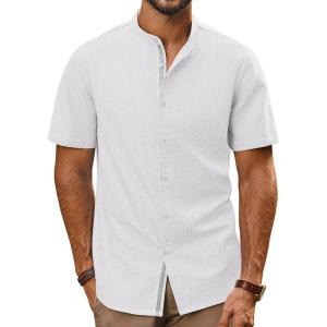 imagePJ PAUL JONES Mens Button Down Shirt Lightweight Shirts Short Sleeve Band Collar Untucked ShirtWhite
