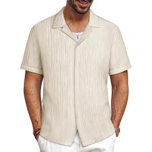 imagePJ PAUL JONES Mens Button Down Shirts Casual Short Sleeve Shirts Summer Cuban Textured ShirtsApricot