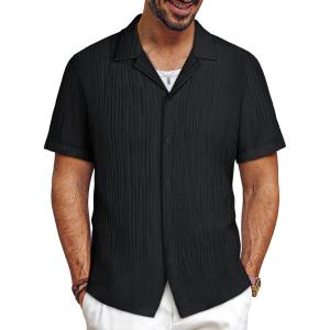 imagePJ PAUL JONES Mens Button Down Shirts Casual Short Sleeve Shirts Summer Cuban Textured ShirtsBlack