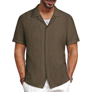 imagePJ PAUL JONES Mens Button Down Shirts Casual Short Sleeve Shirts Summer Cuban Textured ShirtsBrown