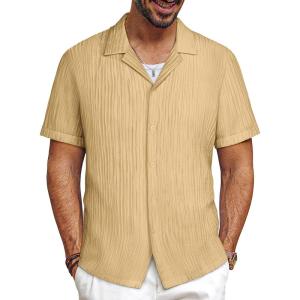 imagePJ PAUL JONES Mens Button Down Shirts Casual Short Sleeve Shirts Summer Cuban Textured ShirtsKhaki Yellow